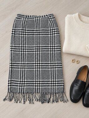 ✨Vintage Nouveaux Houndstooth Plaid Fringe Hem Midi Pencil Skirt Size 14✨